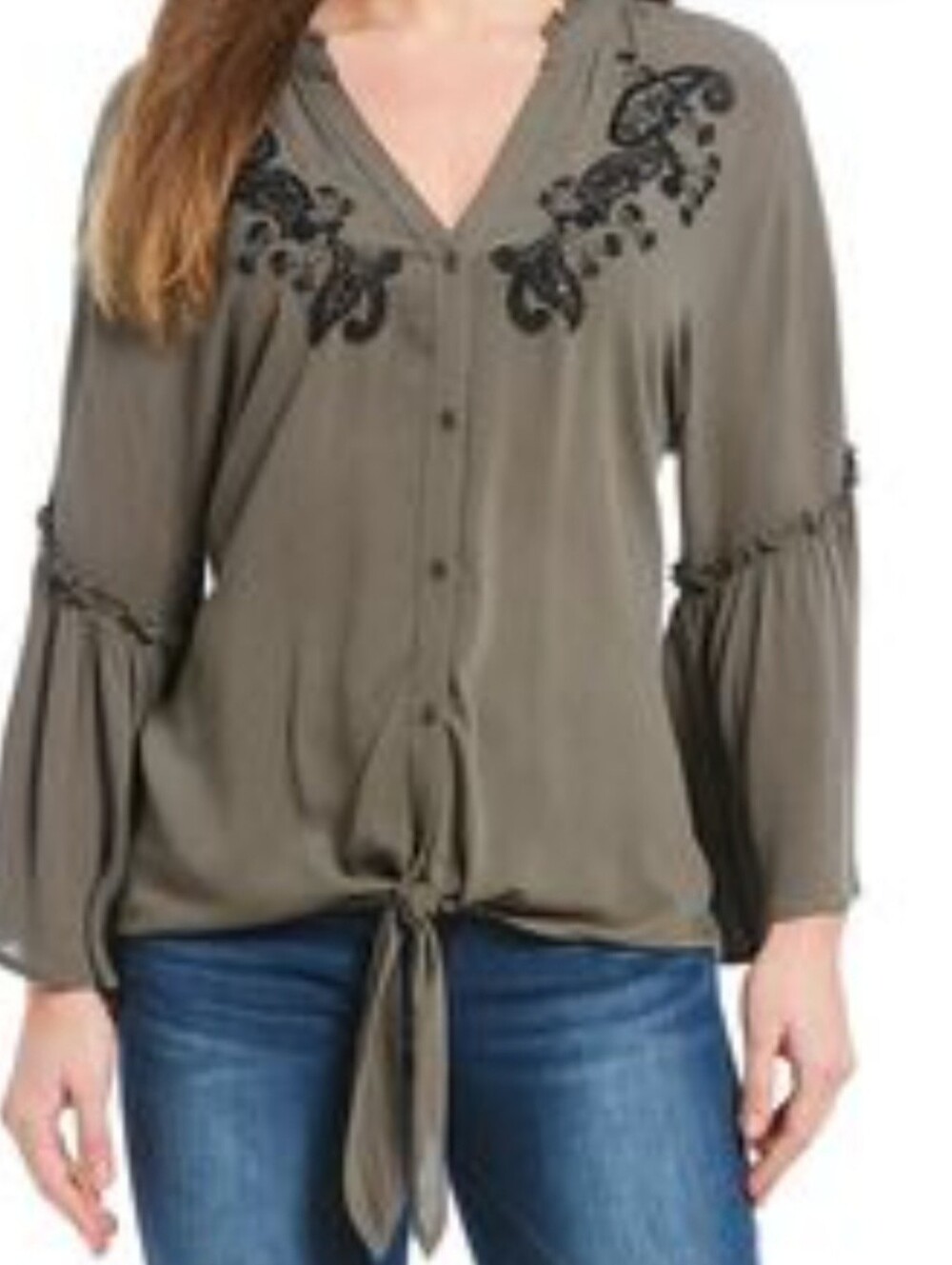 Democracy Olive Green Button-Front Blouse with Black Embroidery Sz XL